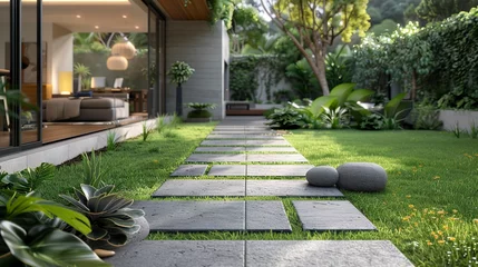 Poster A path of gray square tiles on the grass in a garden outside the house. Path made of tiles with a touch of sophistication and refinement in a harmonious combination. © Vagner Castro