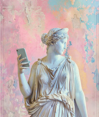 Naklejka premium Ancient Greek sculpture of a woman using smartphone 