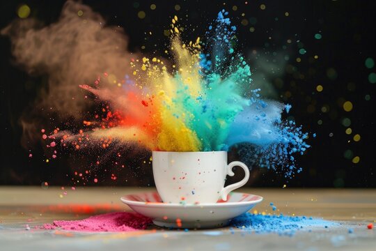 Colorful powder explosion from a coffee cup, a colorful splash of color explosion.