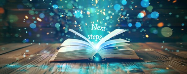 Next steps written in white glowing letters on an open book with light rays coming out. The text is centered and glows like green blue lights, on a wooden table background. - obrazy, fototapety, plakaty