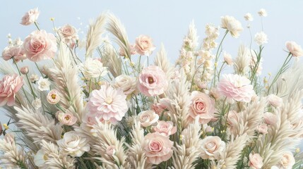 A large arrangement of light pink and white flowers, roses, ranunculus and hollyhock against a backdrop of pampas grass and pink foliage. White background.