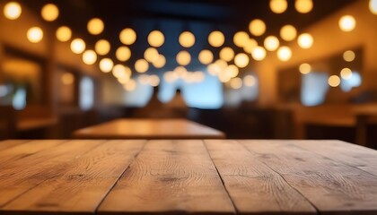 Empty Wooden Table with Bokeh Cafe Background and Golden Lights.