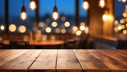 Empty Wooden Table with Bokeh Cafe Background and Golden Lights.