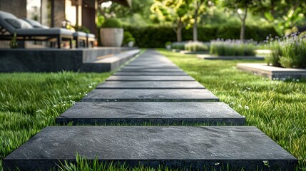 A path of gray square tiles on the grass in a garden outside the house. Path made of tiles with a touch of sophistication and refinement in a harmonious combination.