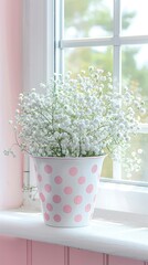 Pink and white polka dot flower pot with baby's breath flowers