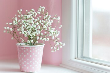 Pink and white polka dot flower pot with baby's breath flowers