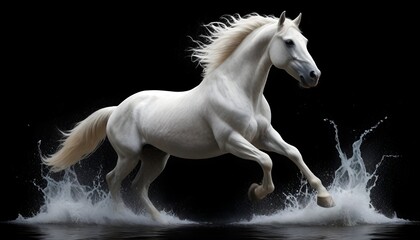 Strong White Horse Galloping with Water Splashes on Black Background. - obrazy, fototapety, plakaty