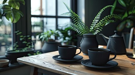 Set of two cups and one coffee pot with black textured ceramic placed on a table in front of green plants and green plant decorations with a living room background.