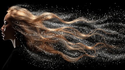   Woman's hair billows in wind against black backdrop, adorned with drifting stars and snowflakes
