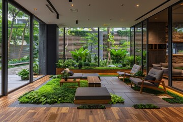 Fototapeta premium A living room filled with furniture and numerous plants