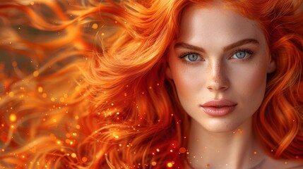  A tight shot of a woman with vivid red hair against a backdrop of glowing stars in the night sky