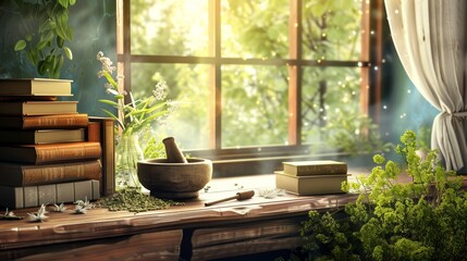 Homeopathic consultation room, featuring wooden desk with a collection of homeopathic books, a mortar and pestle with dried herbs, and a serene window view of a lush garden. Concept of herbal medicine - obrazy, fototapety, plakaty