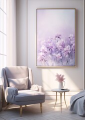 Painting,watercolor,lilac flowers,white????,grey armchair,pink pampas,gold table,book,bed,curtain,window,classic,luxury,interior