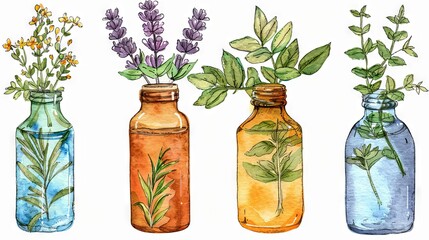 Glass bottles with natural ingredients and medicinal herbs. Concept of organic apothecary, herbal extract, tincture, natural medicine, homeopathy. Watercolor illustration. White background