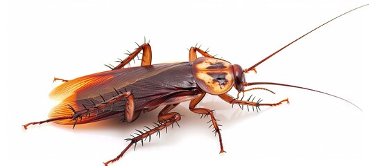 Close-up of a brown cockroach on a white background. Detailed view of a pest insect. Concept of infestation, pest control, hygiene, and domestic cleanliness.