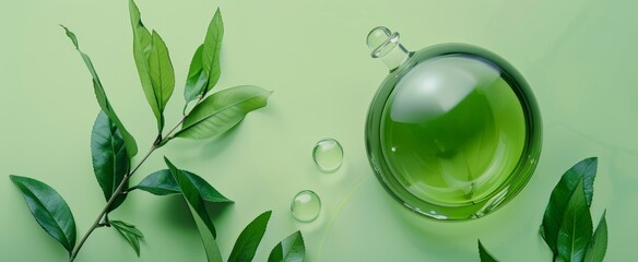 Glass flask with green liquid surrounded by fresh leaves on a green background. Aromatic essence. Essential oil. Perfume. Concept of natural skincare, organic cosmetics, botanical extracts