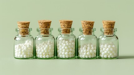 Glass bottles with white homeopathic pills on teal background. Homeopathy medicine. Concept of alternative medicine, natural remedy, naturopathy, holistic healing, wellness, and pharmaceuticals.