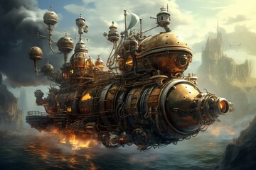 Innovative Steampunk machine. Metal science time. Generate Ai