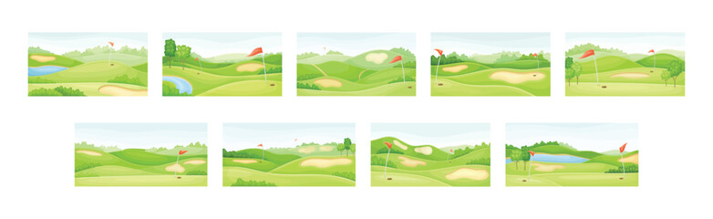 Green Golf Courses with Hole and Red Flag Pole Vector Set