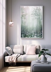 White frame with misty forest landscape painting in a modern living room with white sofa and pink accents.