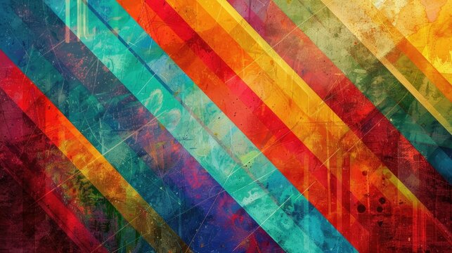Craft an image of dynamic rainbow geometry with an abstract background bursting with energetic geometric stripes