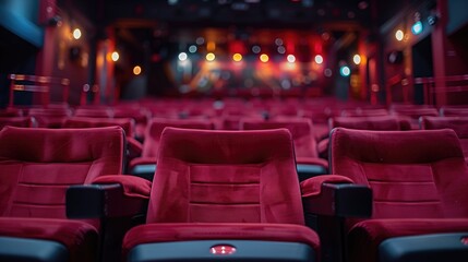 a row of empty red theater seats under soft lighting. - obrazy, fototapety, plakaty