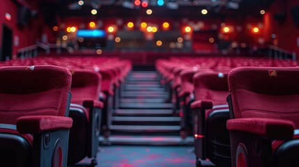 a row of empty red theater seats under soft lighting.