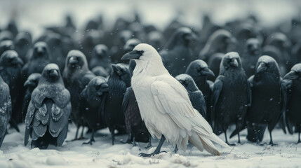 A white crow stands against the background of a flock of black crows. Individuality concept.