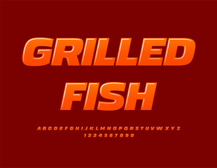 Vector artistic logo Grilled Fish. Bright Glossy Font. Unique Alphabet Letters and Numbers set.