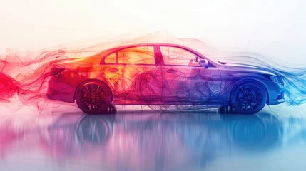 Fotobehang A futuristic, electric, transparent car that shows intricate internal details illuminated in bright colors. © ERiK