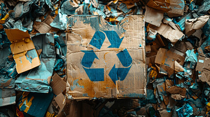 Cardboard box with a sign on a background of garbage. Background for design. Recycling concept.