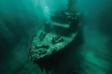 Foto op Plexiglas A shipwreck is seen in the ocean with a lot of debris and fish swimming around it. Scene is eerie and mysterious, as the ship is long gone and the ocean is filled with life © Yuliia