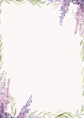 Obraz premium Delicate watercolor frame of purple wisteria flowers and green leaves on a white background, perfect for wedding invitations, cards, and other special occasions.