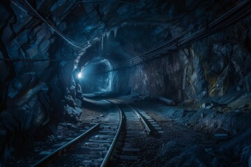 A train travels through a mining site with a bright light visible at the end, illuminating the tracks and surrounding walls
