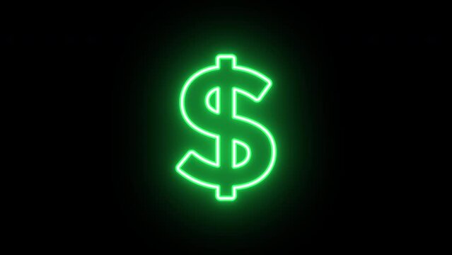 Neon dollar sign animation, uniform rotation with color blink. Glowing neon 3D dollar icon, looped spin. Money cash, digital currency market, USD, bank business, finance. Yellow, green, purple, blue