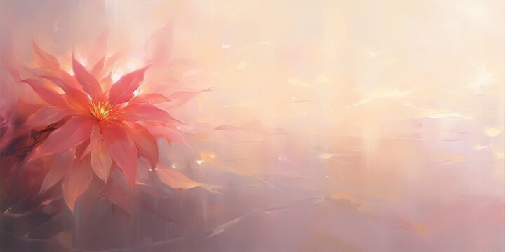 vibrant red orange pink flower petals with yellow orange center in soft focus with blurred background in pink and white tones