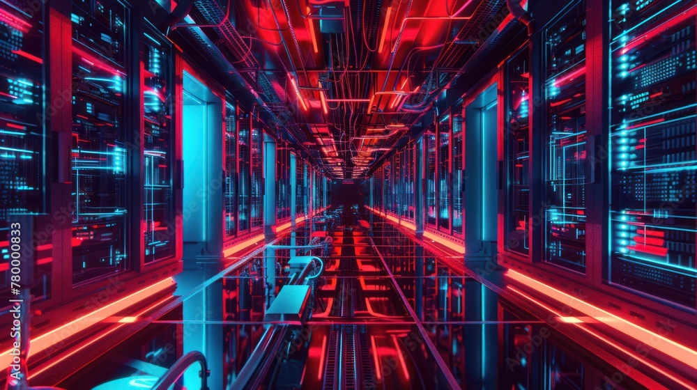 Poster data center full of computers ,high internet visualization.
