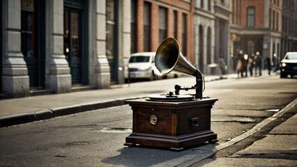 old gramophone playing in the town - obrazy, fototapety, plakaty