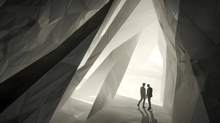 A couple stands hand in hand, silhouetted against the luminescent end of a geometrically abstract tunnel, symbolizing hope and future.
