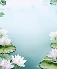 Peaceful white lotus flowers in a tranquil water scene.
