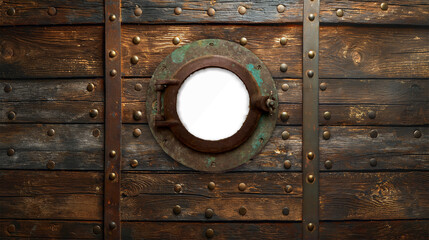 Vintage Aged Brass Ship Porthole Mounted on a Wooden Hull with a Transparent Background. Transparent PNG. Generative AI. - 780002237