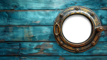 Vintage Aged Brass Ship Porthole Mounted on a Wooden Hull with a Transparent Background. Transparent PNG. Generative AI. - 780002244