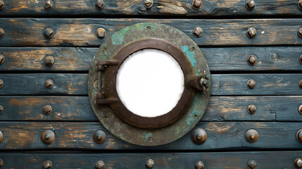 Vintage Aged Brass Ship Porthole Mounted on a Wooden Hull with a Transparent Background. Transparent PNG. Generative AI. - 780002471