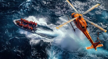 Fototapeta premium Vue aérienne d'un hélicoptère orange au-dessus de l'océan, avec une équipe de secours pendant un sauvetage en mer.