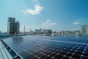 Des panneaux solaires sur le toit d'un immeuble de bureaux dans une grande ville, ciel bleu en arrière-plan, image avec espace pour texte. - obrazy, fototapety, plakaty