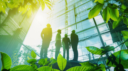 Architects and engineers practice green construction in the modern city. Environmental sustainability in construction drawings