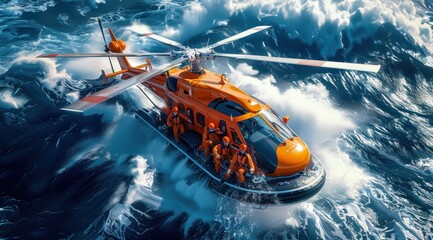Vue aérienne d'un hélicoptère orange au-dessus de l'océan, avec une équipe de secours pendant un sauvetage en mer. - obrazy, fototapety, plakaty