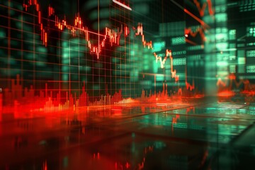 A computer monitor displays a graph of stock prices. The graph shows a downward trend, with the stock prices dropping significantly. Scene is one of concern and uncertainty