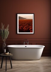 Red bathroom interior with a photo of red flowers field