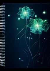 glowing blue and green flowers with spiral lines on a black background, digital art, cover, modern, blue, green, black